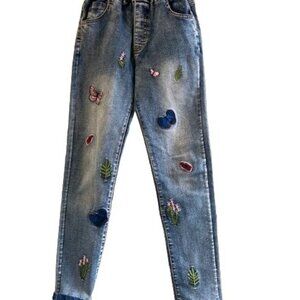 NWOT Girls Blue Jeans with Floral Butterflies Patchwork All Over